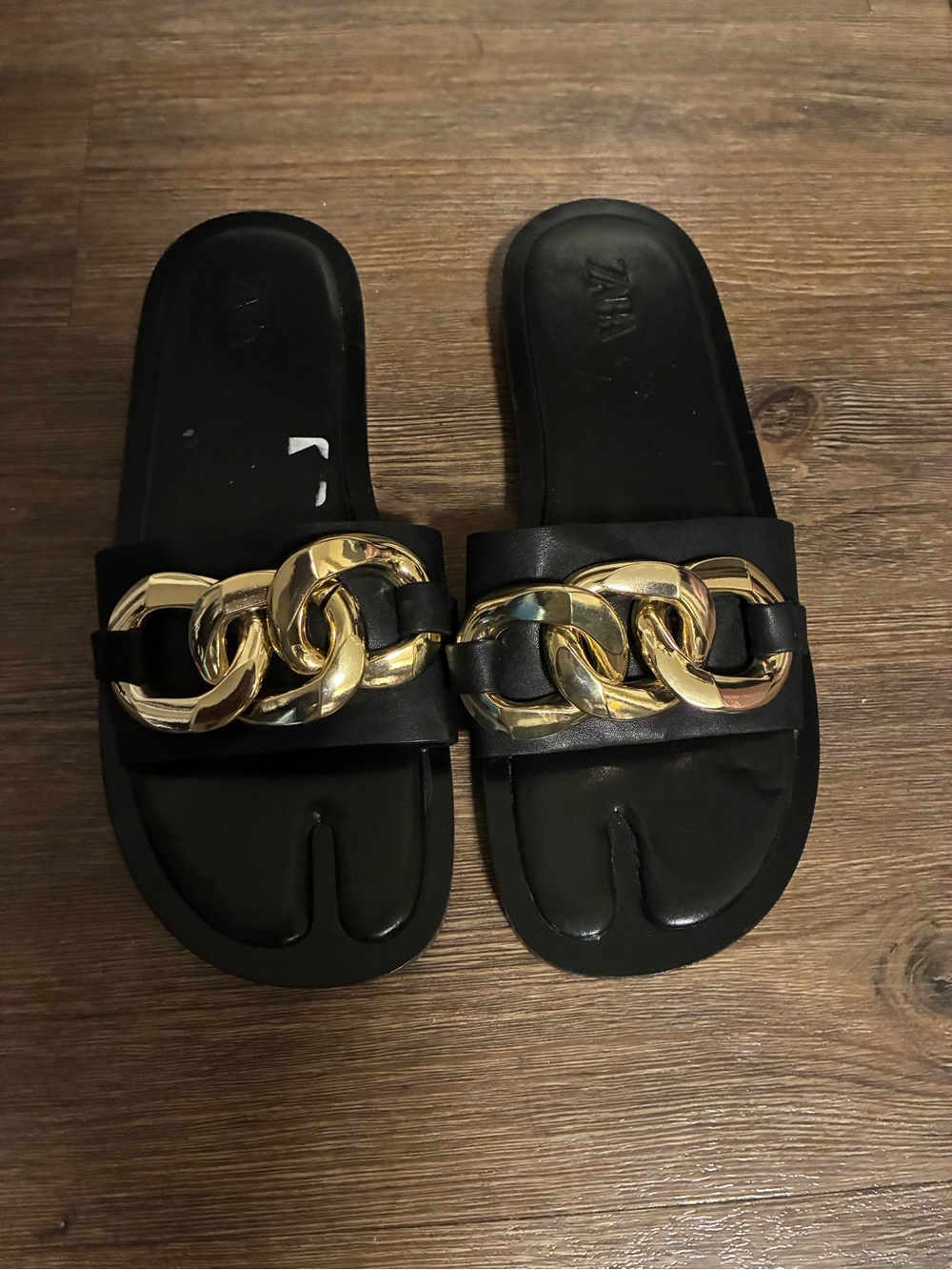 Zara Black Slide Sandals with Gold Chain Detail